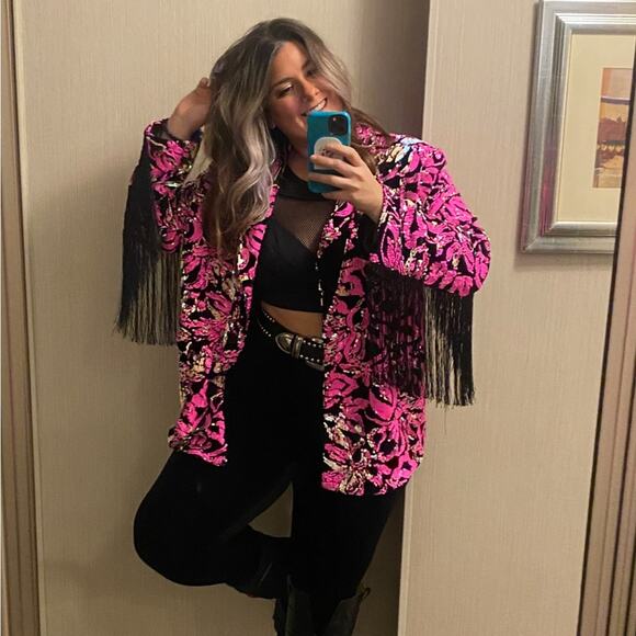 Nasty Gal Plus Size Fringe Sequin Fringe Blazer Jacket, Western Bling, size 14 - Picture 2 of 14